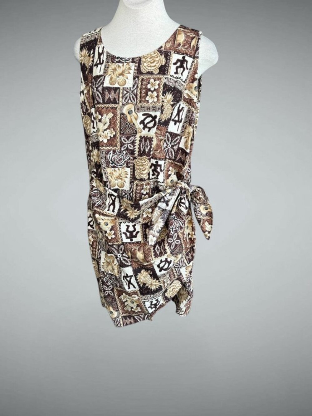 Hilo Hattie Hawaiian Brown Tribal Turtle Sleeveless Sarong Wrap Dress Size XL